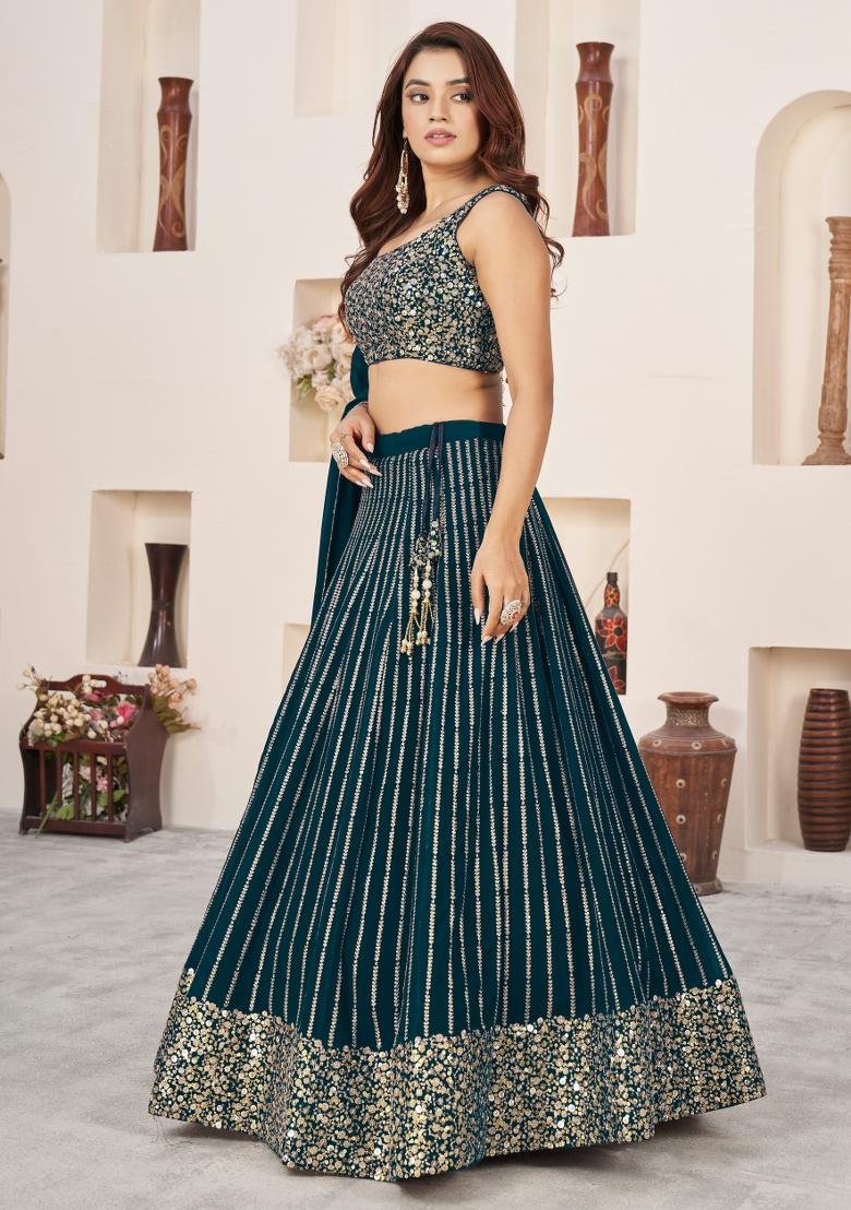 Green Sequin Work Georgette Lehenga Set - Indya