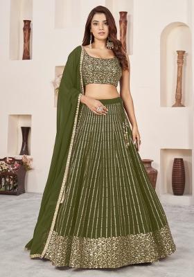 Olive Sequin Work Georgette Lehenga Set