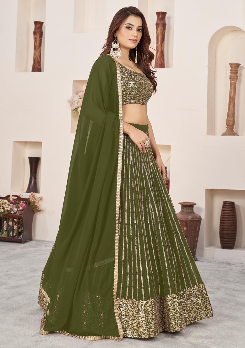 Olive Sequin Work Georgette Lehenga Set - Indya