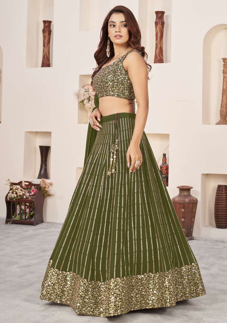 Olive Work Georgette Lehenga Set with Sequin for Diwali | Wedding & Festive Wear - Indya