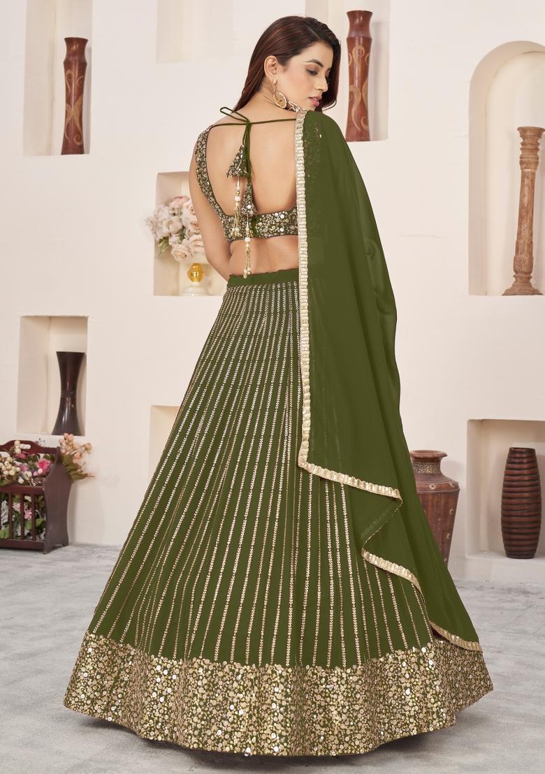 Olive Sequin Work Georgette Lehenga Set - Indya