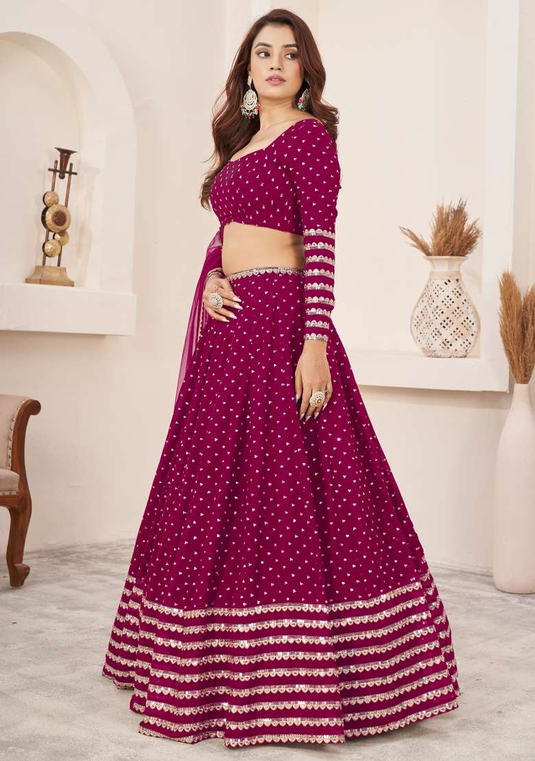 Pink Work Georgette Lehenga Set with Sequin for Diwali | Wedding & Festive Wear - Indya