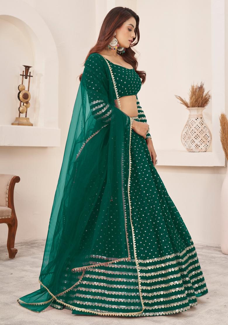 Teal Green Sequin Work Georgette Lehenga Set - Indya