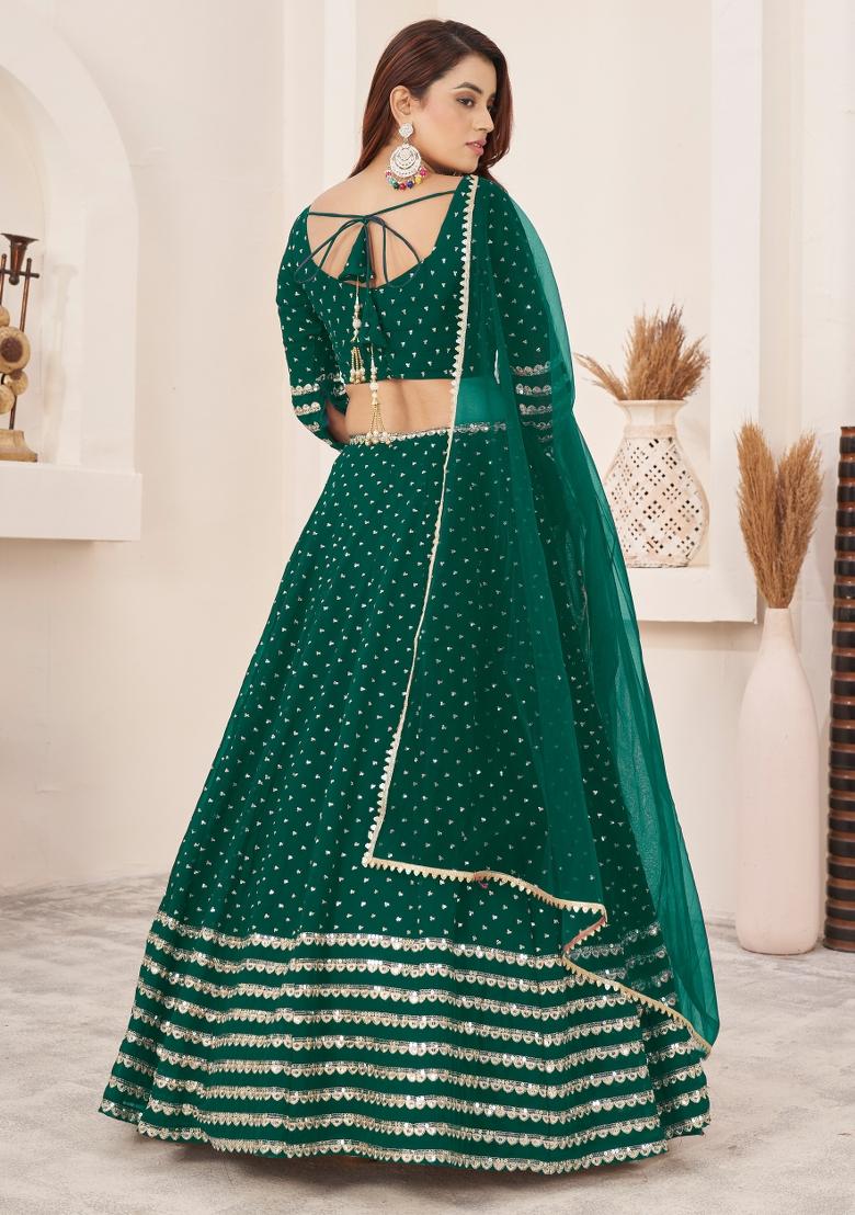 Teal Green Sequin Work Georgette Lehenga Set - Indya