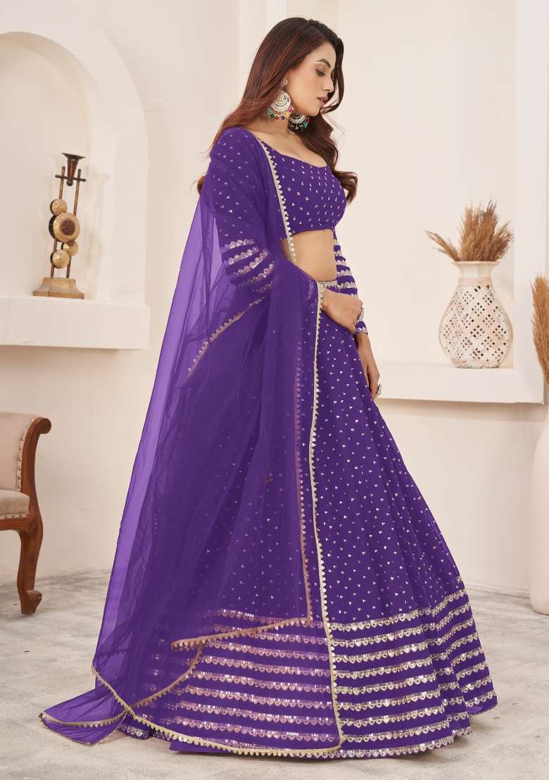 Violet Sequin Work Georgette Lehenga Set - Indya