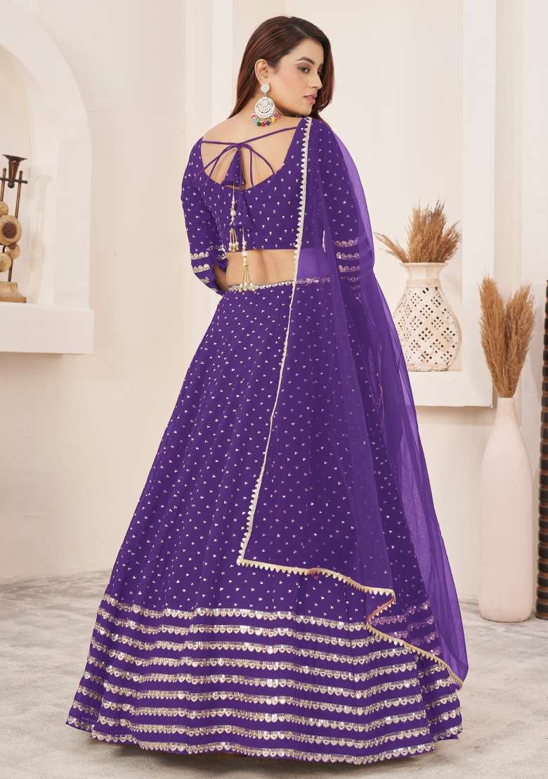 Violet Sequin Work Georgette Lehenga Set - Indya