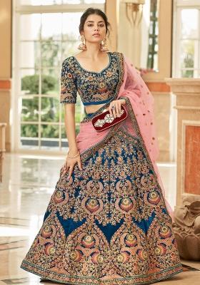 Blue Sequin Work Velvet Lehenga Set