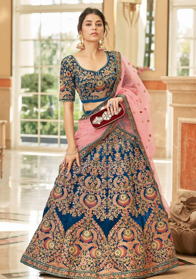 Blue Sequin Work Velvet Lehenga Set - Indya