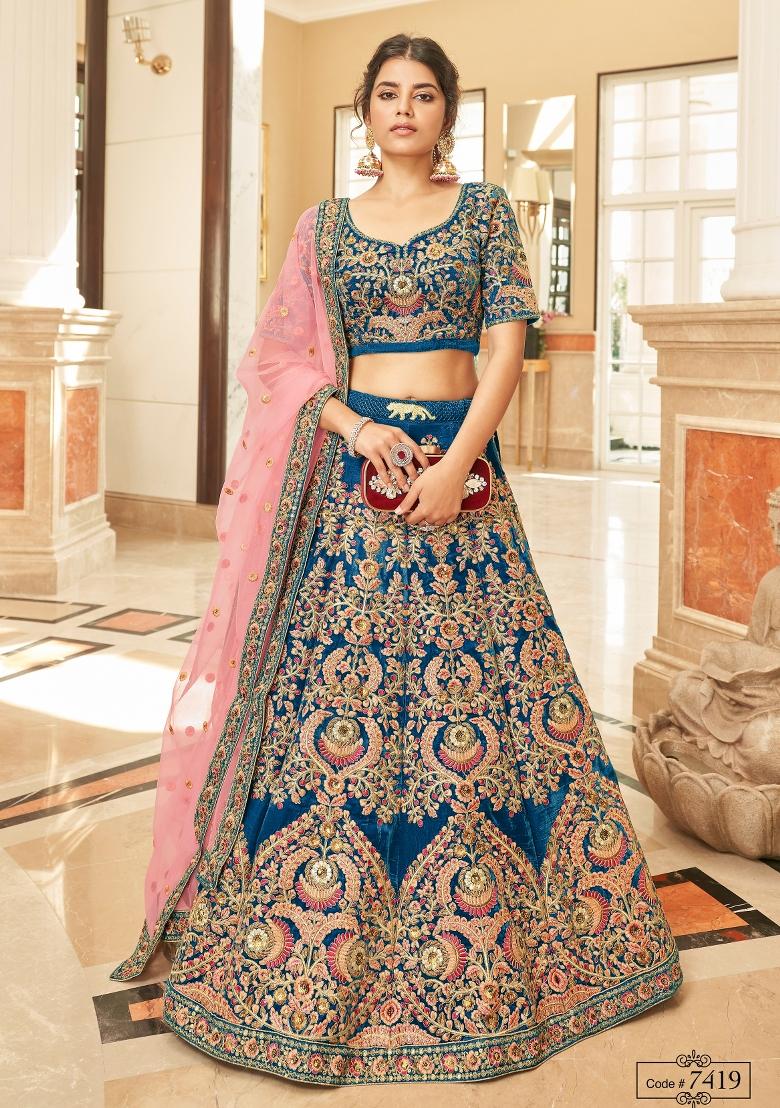 Blue Sequin Work Velvet Lehenga Set - Indya