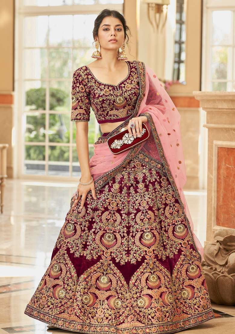 Maroon Sequin Work Velvet Lehenga Set - Indya