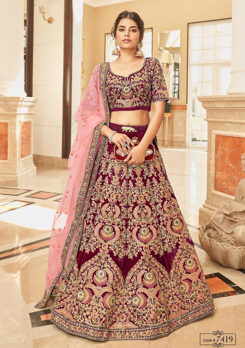 Maroon Sequin Work Velvet Lehenga Set - Indya