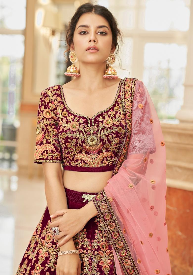 Maroon Sequin Work Velvet Lehenga Set - Indya