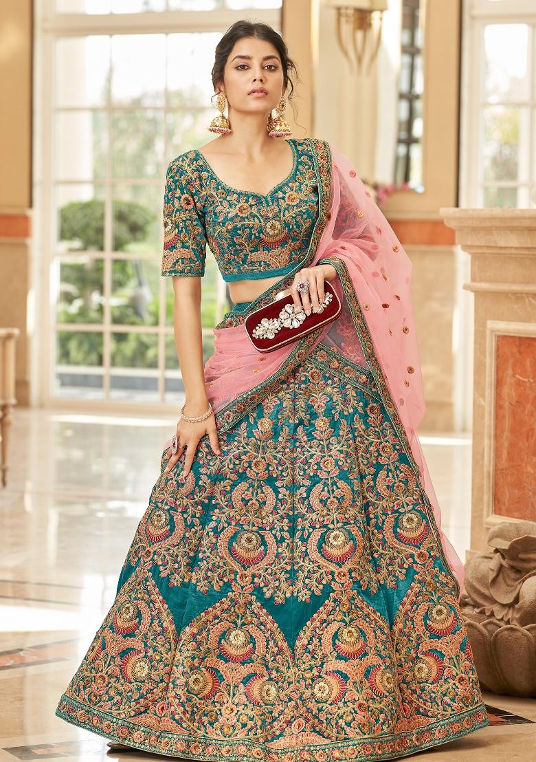 Turquoise Sequin Work Velvet Lehenga Set - Indya