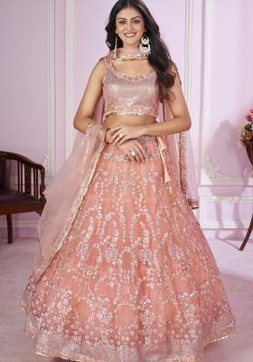 Pink Sequin Work Net Lehenga Set