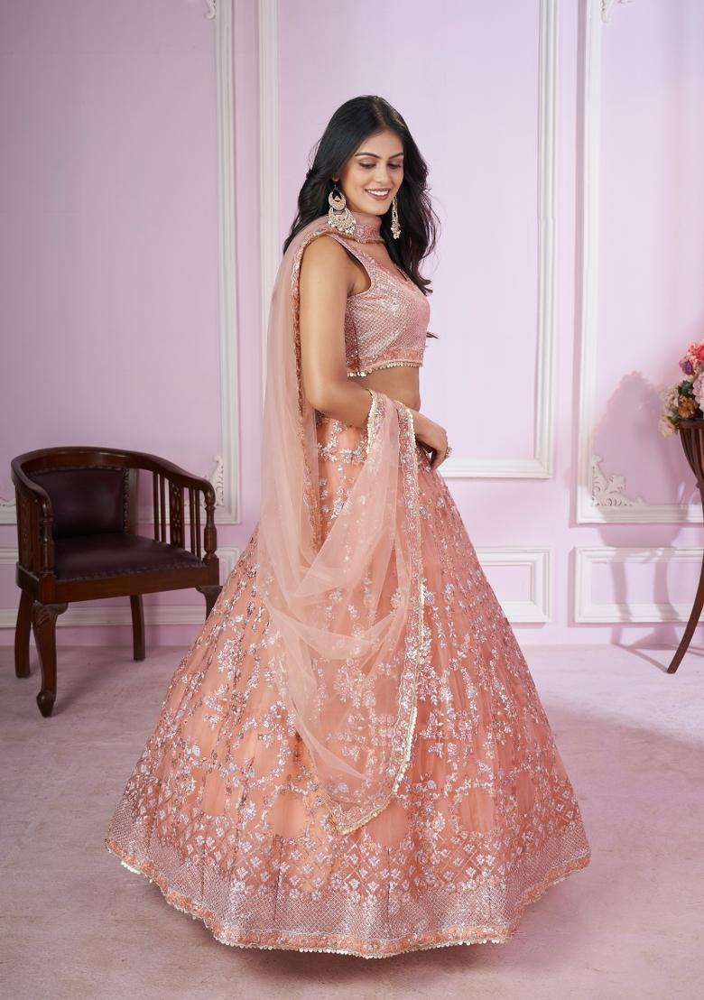 Pink Sequin Work Net Lehenga Set - Indya