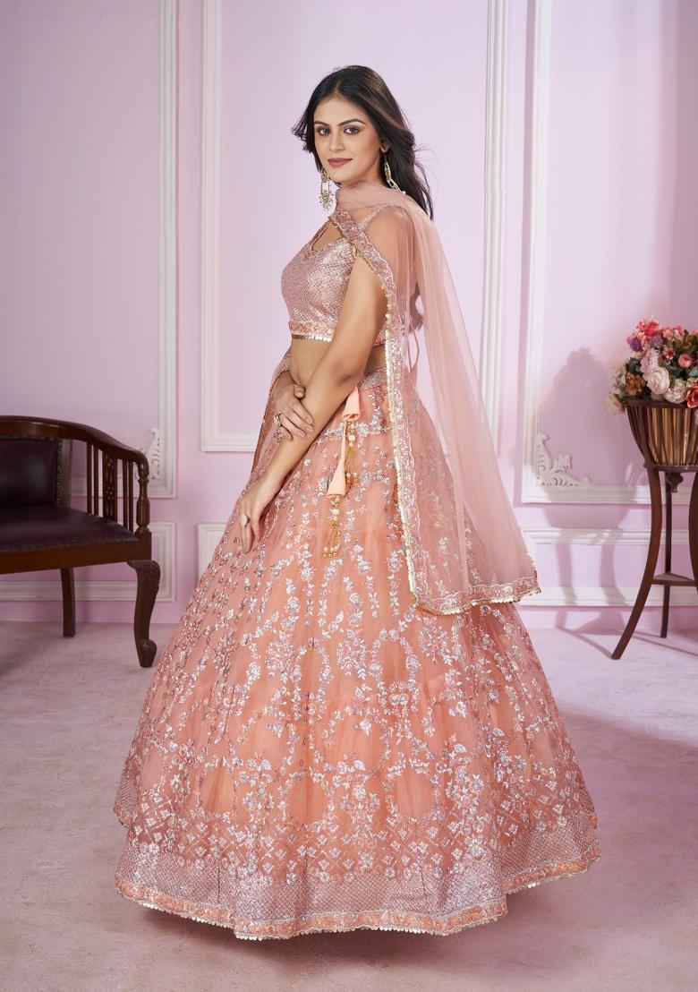 Pink Sequin Work Net Lehenga Set - Indya