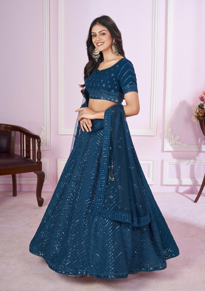 Blue Sequin Work Georgette Lehenga Set - Indya