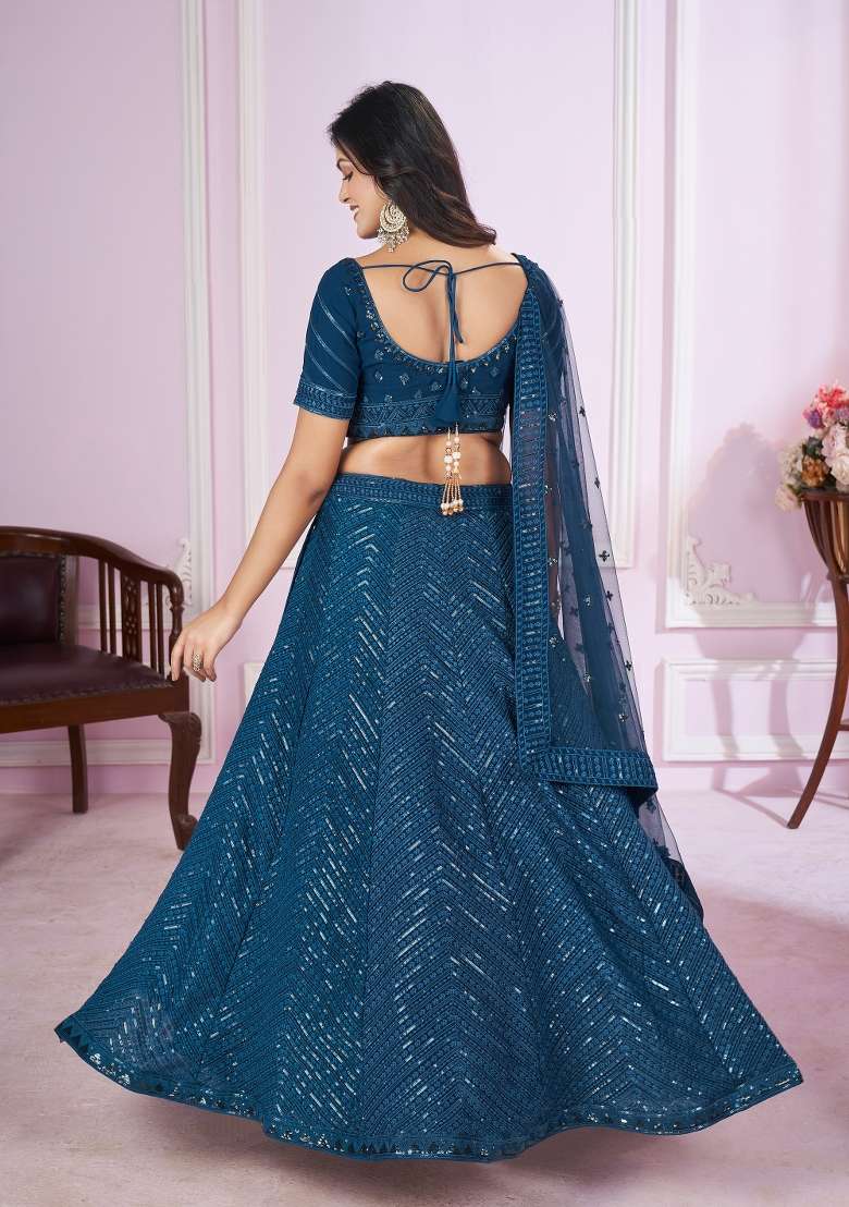 Blue Sequin Work Georgette Lehenga Set - Indya