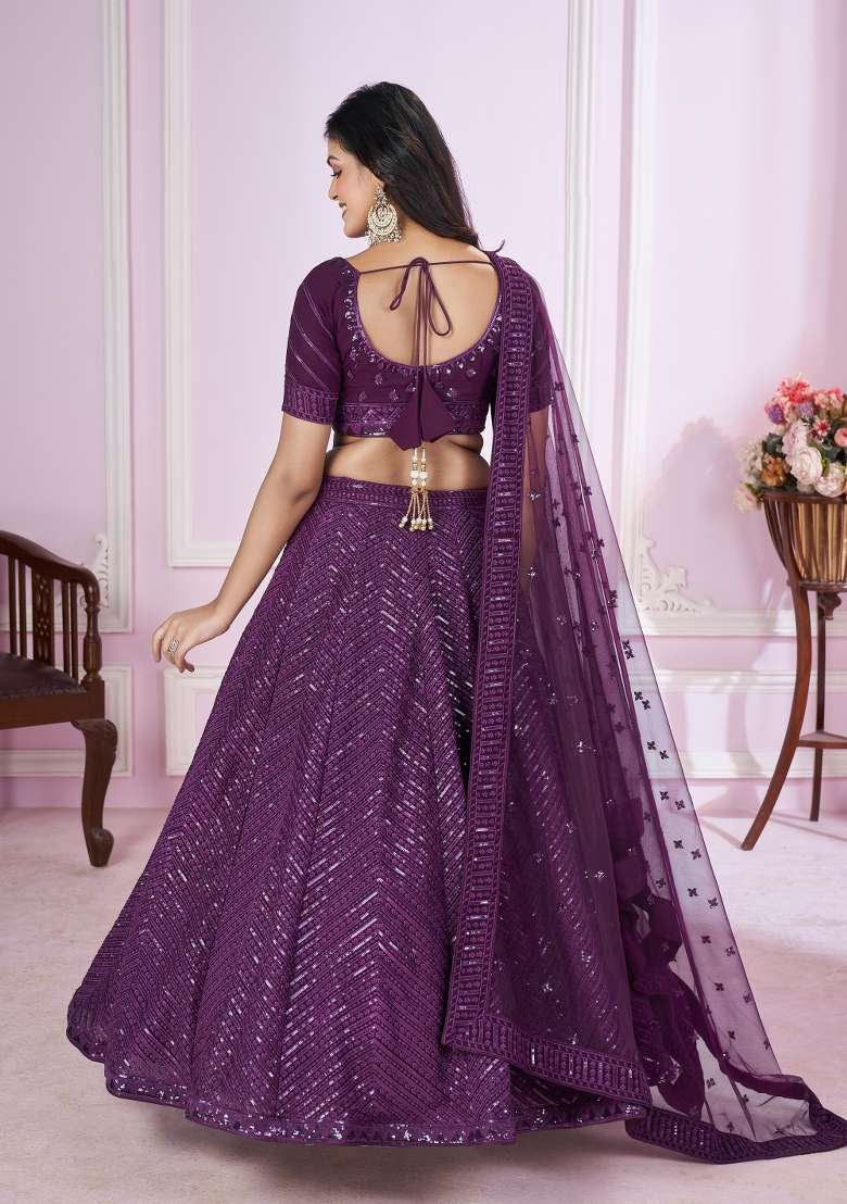 Purple Sequin Work Georgette Lehenga Set - Indya