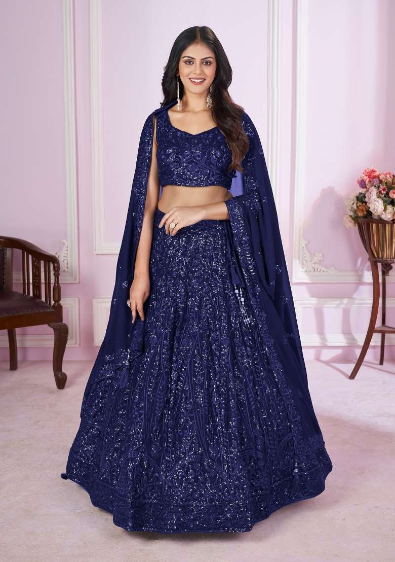 Blue Sequin Work Georgette Lehenga Set - Indya