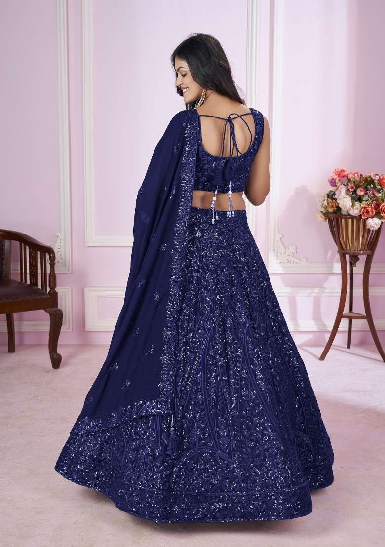 Blue Sequin Work Georgette Lehenga Set - Indya