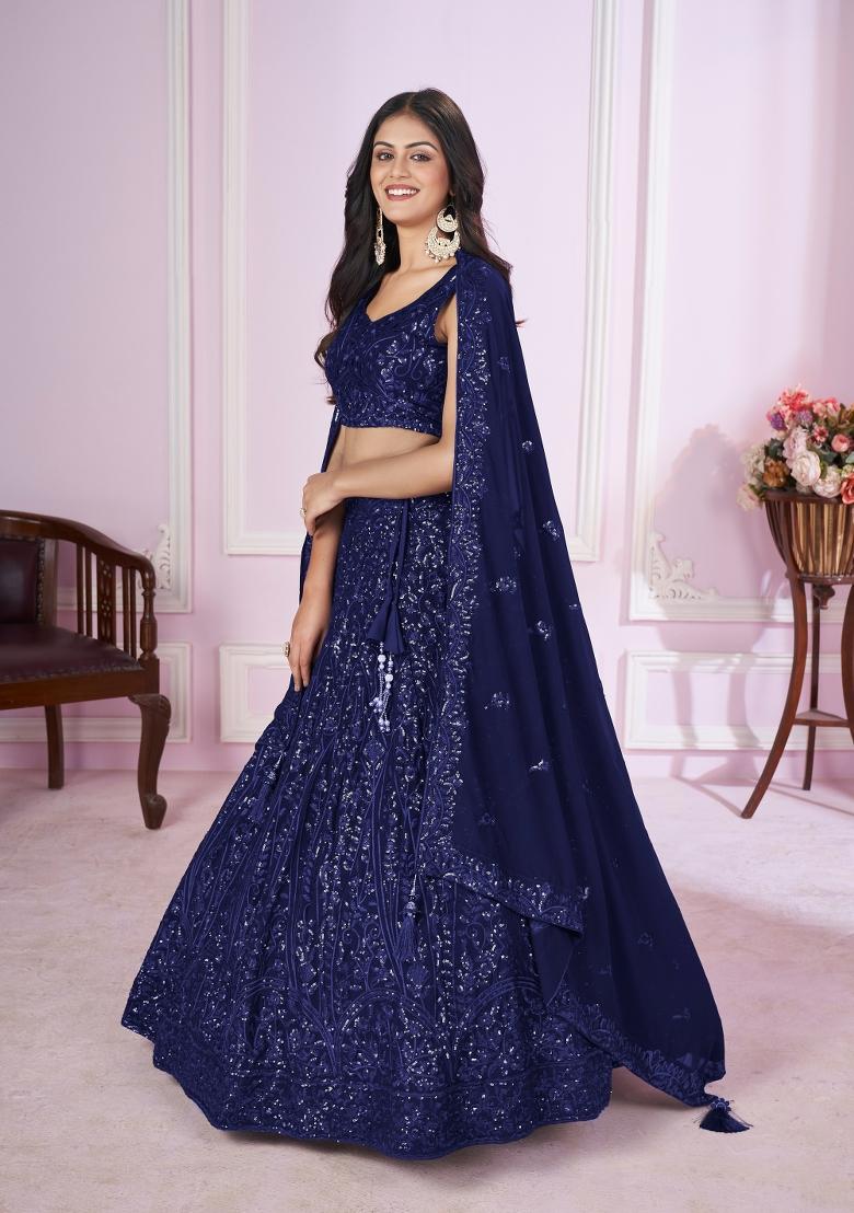 Blue Sequin Work Georgette Lehenga Set - Indya