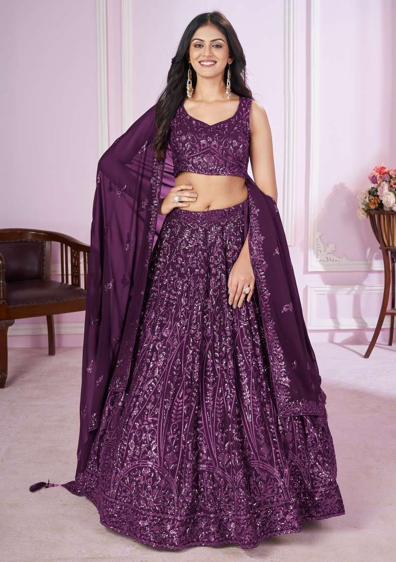 Purple Sequin Work Georgette Lehenga Set - Indya