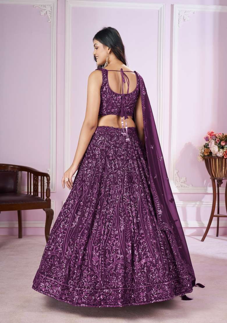 Purple Sequin Work Georgette Lehenga Set - Indya