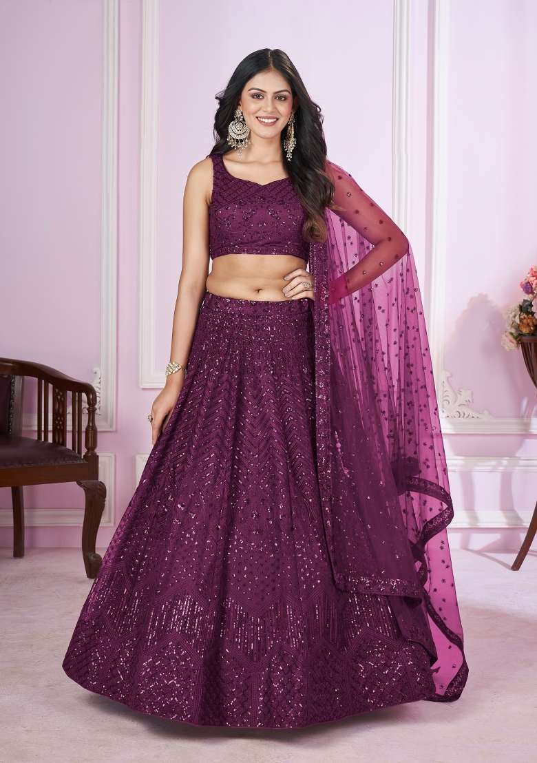 Purple Work Net Lehenga Set with Sequin for Diwali | Wedding & Festive Wear - Indya