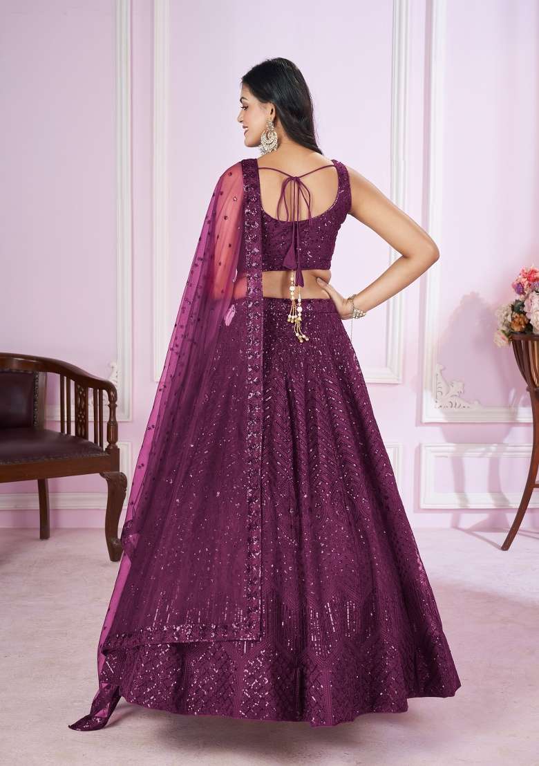 Purple Work Net Lehenga Set with Sequin for Diwali | Wedding & Festive Wear - Indya