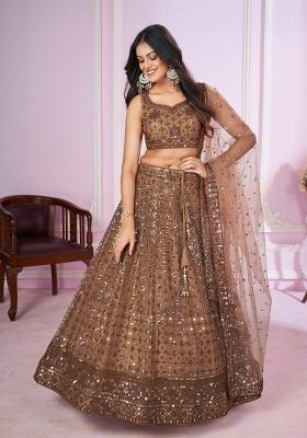 Brown Sequin Work Net Lehenga Set