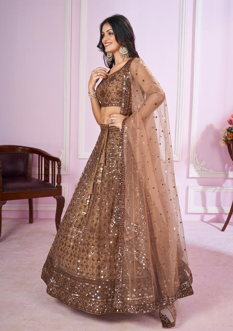 Brown Sequin Work Net Lehenga Set - Indya