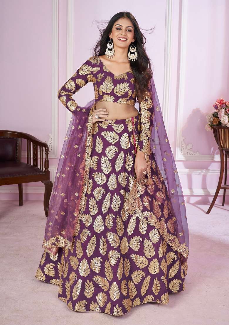 Purple Sequin Work Georgette Lehenga Set for Diwali and Festive Wear - Indya