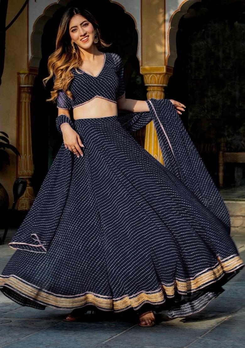 Black Printed Georgette Lehenga Set - Indya
