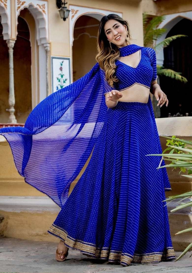 Blue Printed Georgette Lehenga Set for Diwali and Festive Wear - Indya