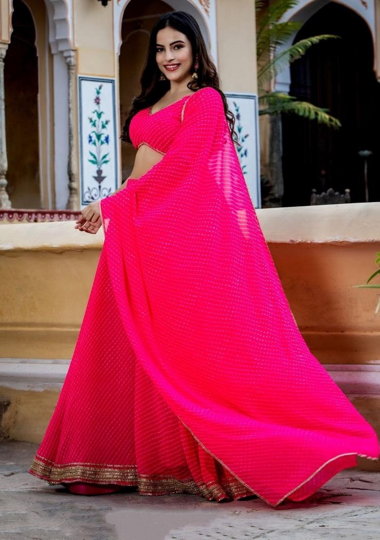 Pink Printed Georgette Lehenga Set - Indya
