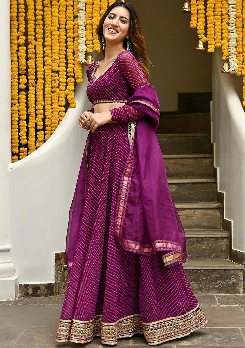 Purple Printed Georgette Lehenga Set - Indya
