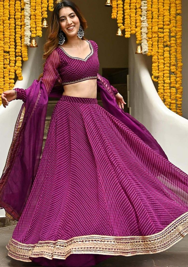 Purple Printed Georgette Lehenga Set - Indya
