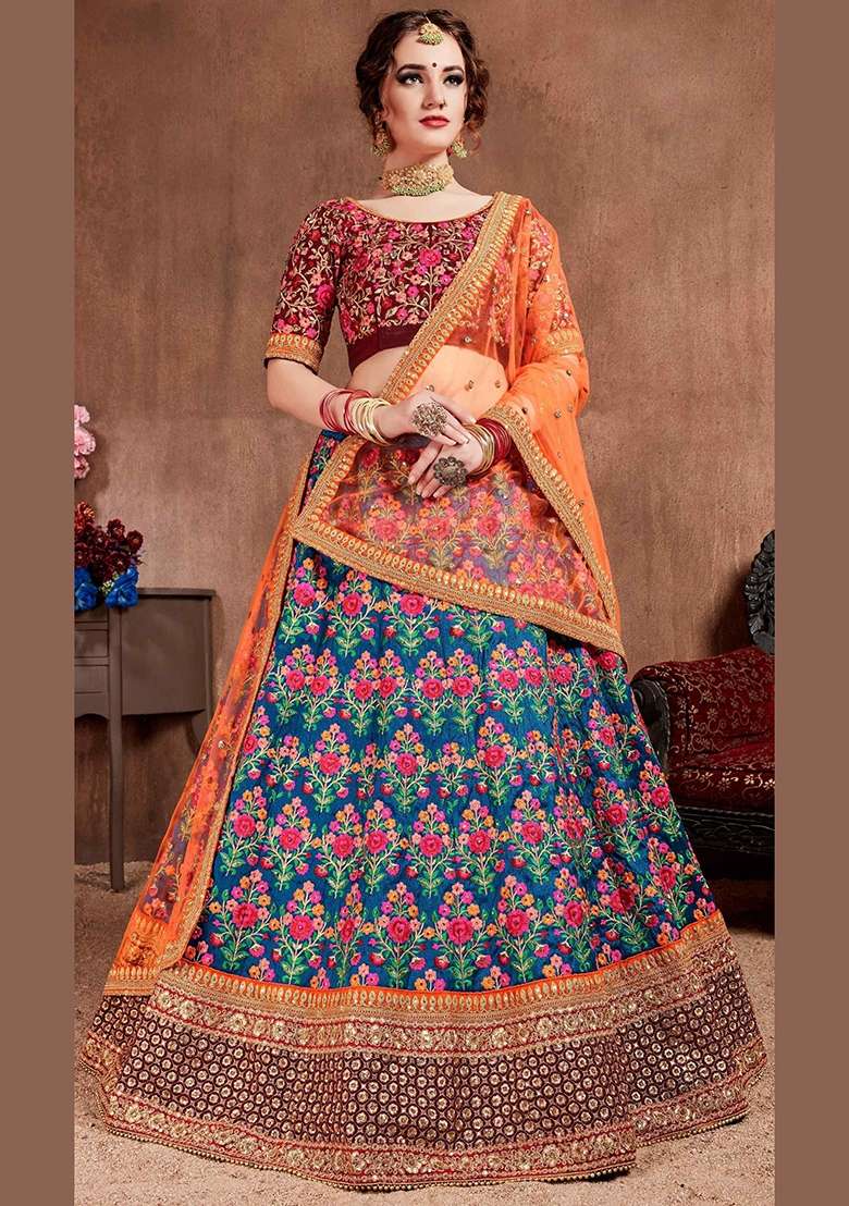 Blue Sequin Work Silk Blend Lehenga Set - Indya