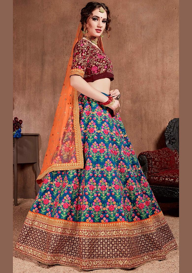 Blue Sequin Work Silk Blend Lehenga Set - Indya