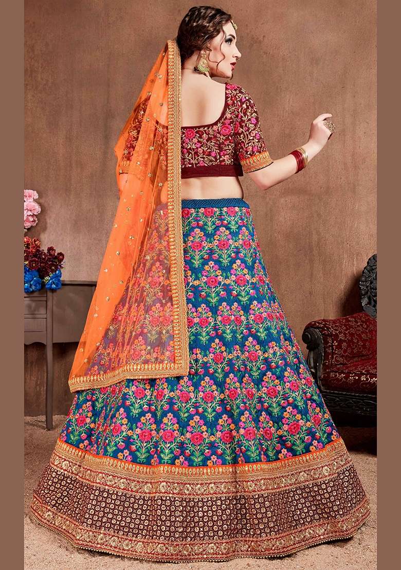 Blue Sequin Work Silk Blend Lehenga Set - Indya
