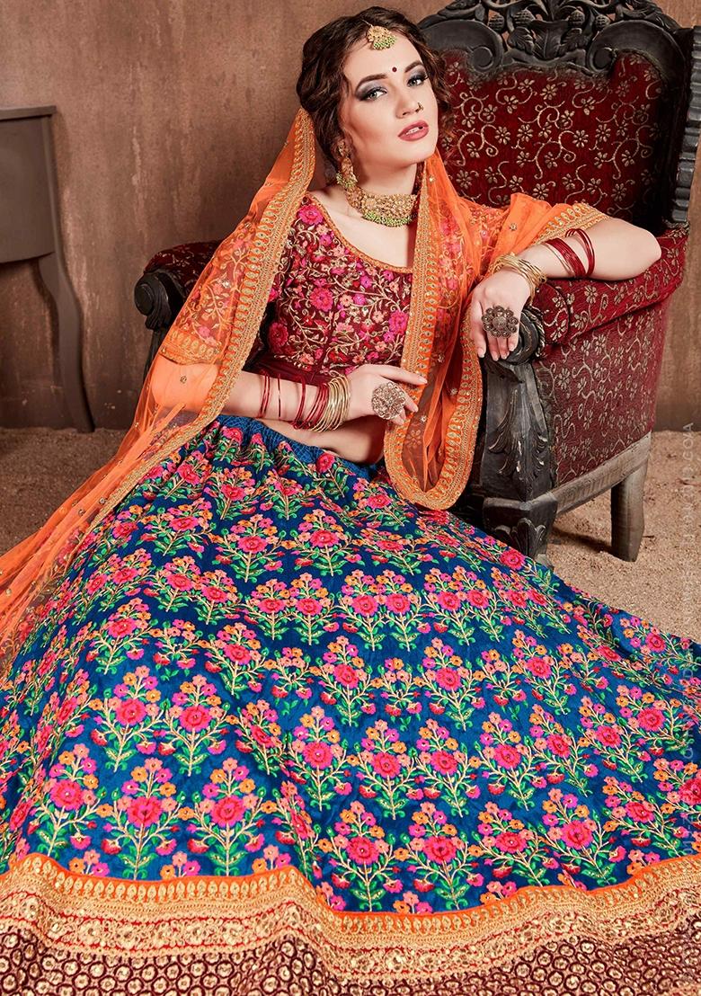 Blue Sequin Work Silk Blend Lehenga Set - Indya