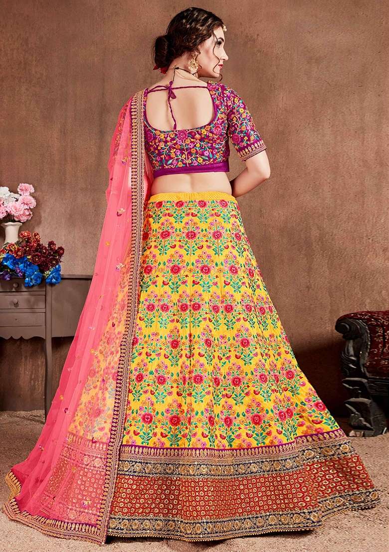 Yellow Sequin Work Silk Blend Lehenga Set - Indya