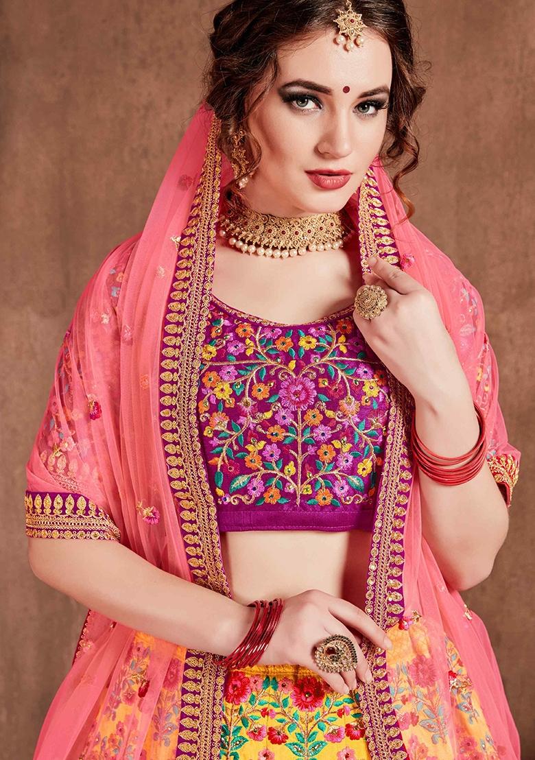 Yellow Sequin Work Silk Blend Lehenga Set - Indya