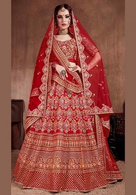 Red Sequin Work Silk Blend Lehenga Set