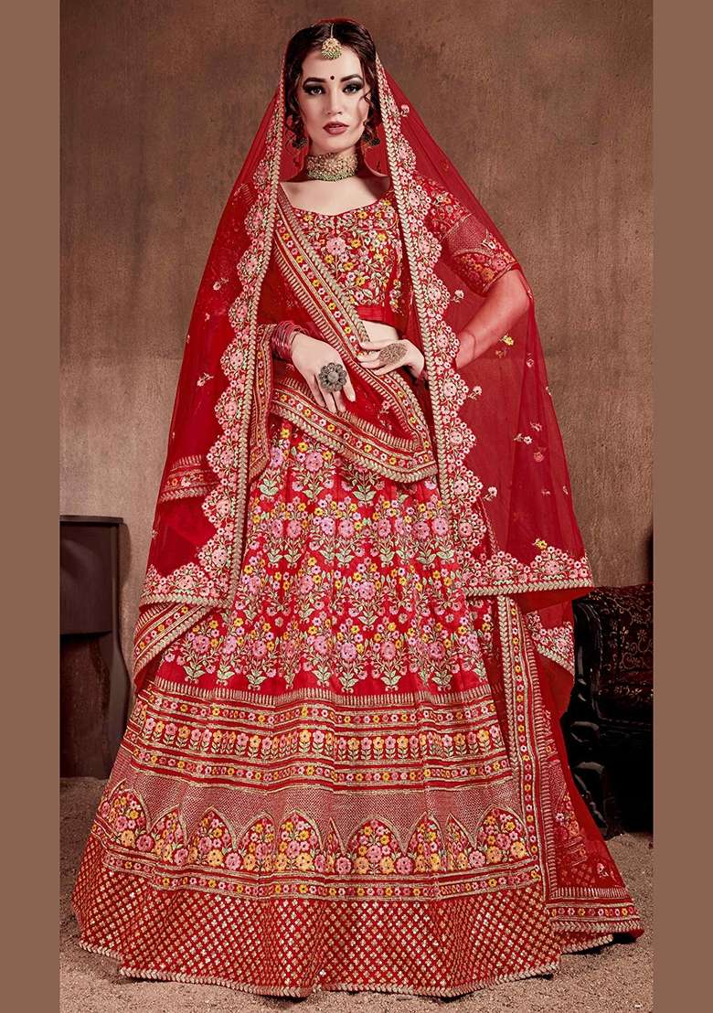 Red Sequin Work Silk Blend Lehenga Set - Indya