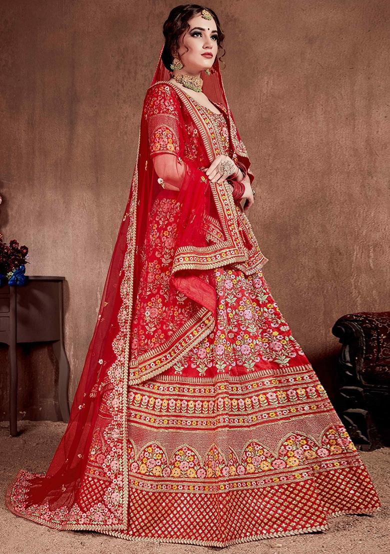 Red Sequin Work Silk Blend Lehenga Set - Indya