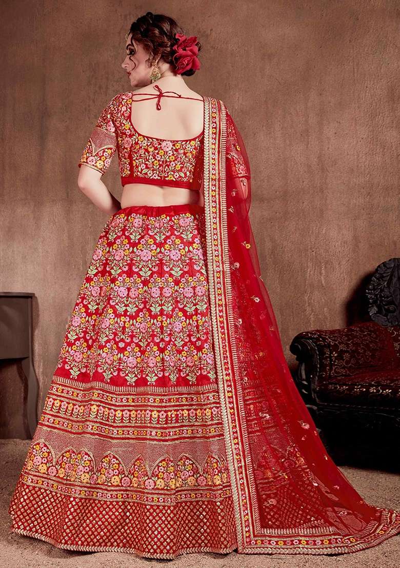 Red Sequin Work Silk Blend Lehenga Set - Indya