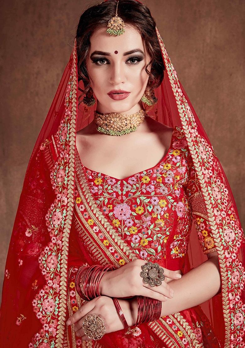 Red Sequin Work Silk Blend Lehenga Set - Indya