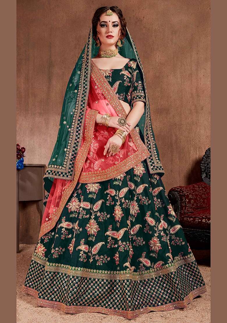 Green Sequin Work Silk Blend Lehenga Set - Indya